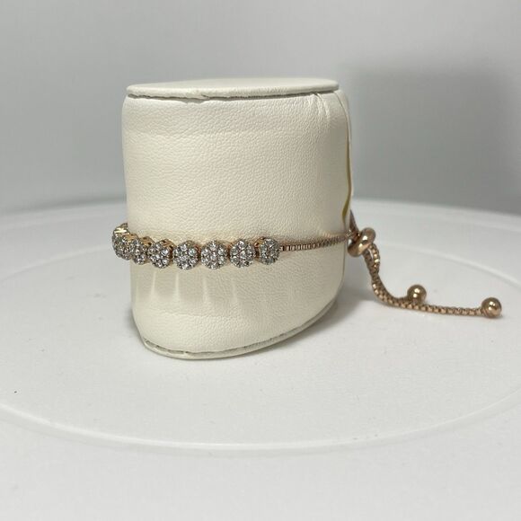 Rose Gold Tone Adjustable Slider Bracelet Clear Rhinestone Cluster 9 Inch - Picture 2 of 7